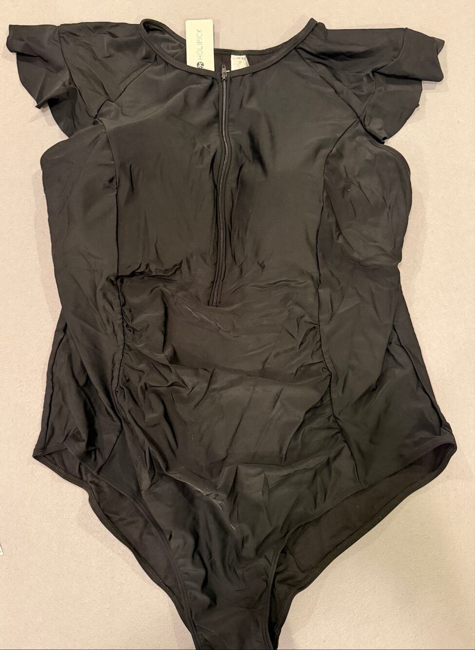 Holipick Black Ruffle Sleeve Zip Front One Piece Swimsuit Size 26 NWT